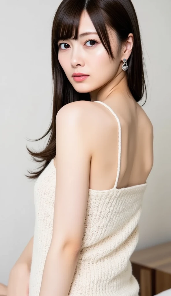 ((((Detailed explanation)))),(((masterpiece、Highest quality、Very detailed:1.42、Focus on the eyes)))、Female in her late teens、Portraiture、Blurred cityscape at dusk、Silhouette of buildings and street lamps、Medium length dark brown hair、natural wavy curls、The wind is blowing softly、Some hair falls to the side of the face、Skin is smooth、Healthy olive color、The tan lines are faintly visible、Natural redness on the cheeks、I have a few small laugh lines on my forehead、Eyes with dark brown irises、The pupil is shining, Reflects light、Long curled eyelashes、Highlights the eyes、Eyebrows are thin and trimmed、Natural Arch、Small nose、straight、straight nose、lips are plump、soft pink lip gloss、Ultra-thin camisole、Barefoot and barefoot、A simple silver bracelet on her right wrist、A small diamond earring sparkles in her left ear..、The expression is calm、have confidence、smile、(((Emphasize the contrast between light and shadow)))、Realistic textures and facial details