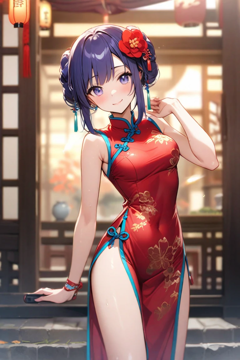 (top-quality、8K、32K、​masterpiece、nffsw、ighly detailed:1.2)、Full body, Chinese Dragon with Flame、Chinese style lantern、kung fu pose、Raise one leg、beauitful face、blurry backround、20-year-old beauty、shinny skin、Red color hair、short-hair、Double bun、Blue eyes、Chinese clothing、Floral hair ornament、miscievous smile、thighs thighs thighs thighs、