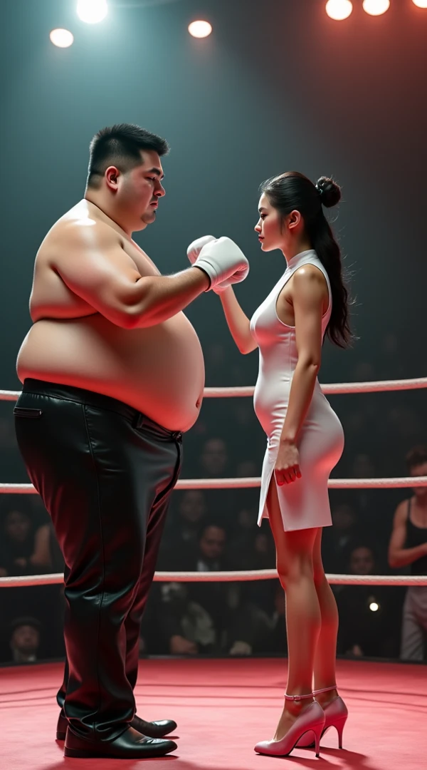 With a huge lower body and big butt wearing red wrestling tights、and humiliate another chubby muscular female bear with a huge upper body in black wrestling tights in the ring of the wrestling ring