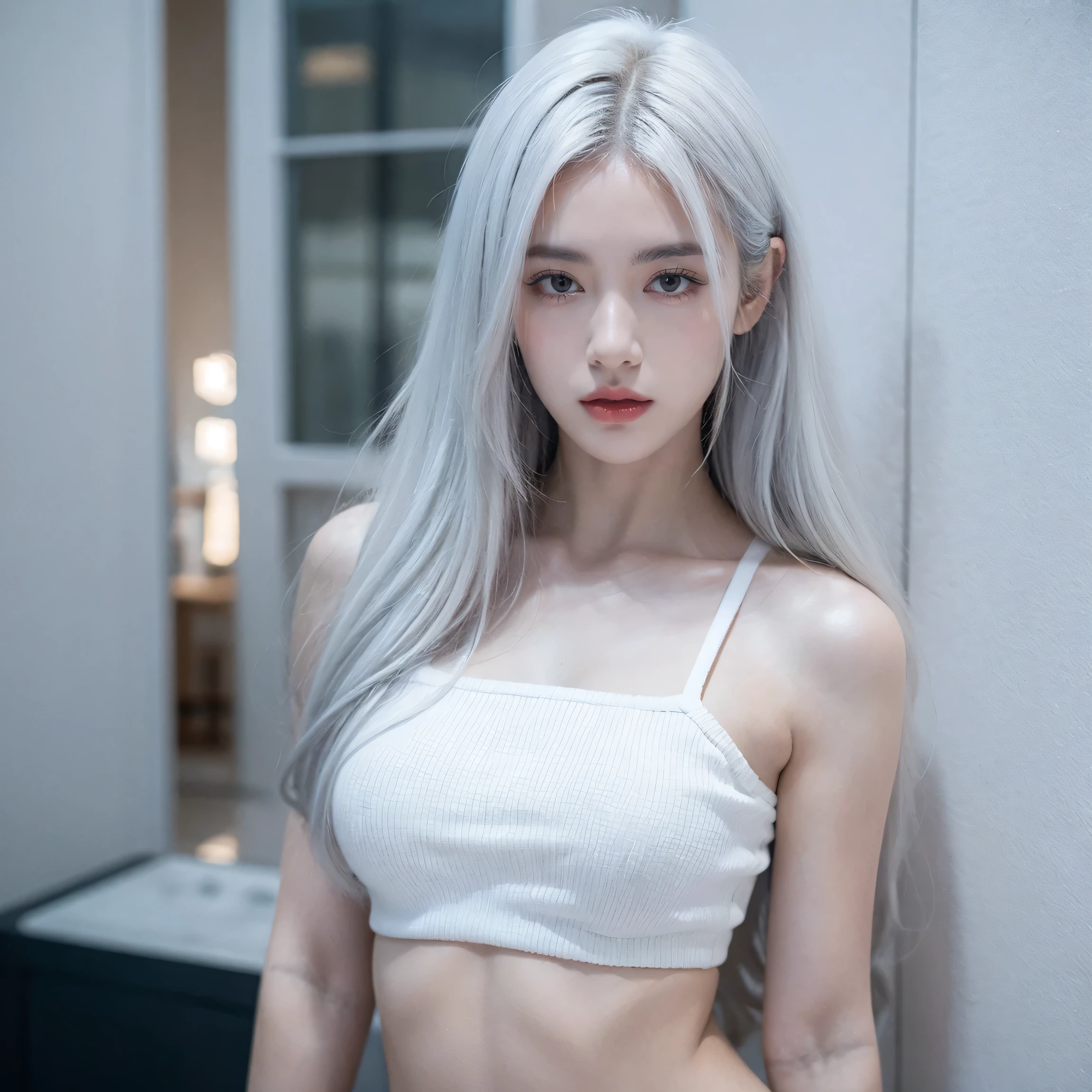 A beautiful woman, wearing black hotpants and backless bra, pale skin, smooth pale skin, skin tune red, perfect body, detailed body, ((round big breast, small titts, big hips)), full body, cute face, white hair, ponytail hair, top quality