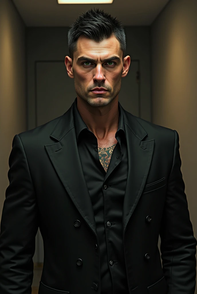 A mafia man dressed in a black suit, sitting in a chair, wearing a necklace with the name PHI and holding a cigarette. The background is an office with PHI written on the back.