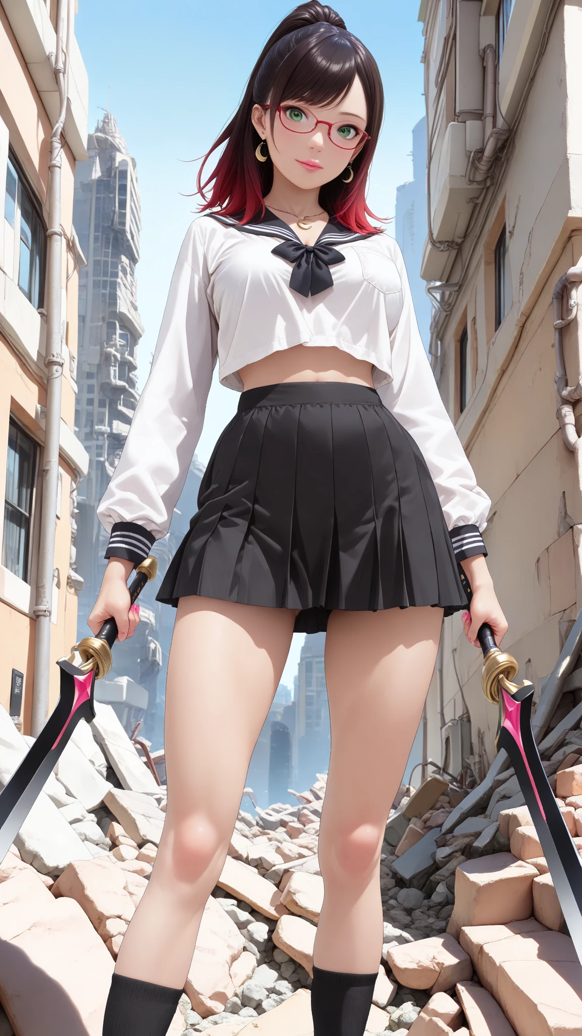 ((masterpiece)),(((最high quality))),(((Girl standing in a school classroom:1.7))),(((Photographed from the back of the classroom, facing the blackboard:1.7))),((((Background of rows of desks:1.8)))),(((((The background is a modern, clean and tidy classroom.:1.9))))),((((Photograph the whole body:1.9)))),((((((脚を揃えてStand up straight:1.9)))))),((Thin thighs:1.6)),((Long legs:1.7)),(((Micro mini skirt uniform for high school girls:1.6))),((tall:1.8)),((Wearing Japanese summer school girl uniform:1.8)),((スリムなModel body type:1.5)),((Thin legs:1.6)),((Wearing a white short-sleeved school shirt:1.3)),(Age is 16 years old:1.3),bangs,A small smile,((cute女の子)),Slender girl,((Black Loafers:1.3)),((short white socks up to the ankles,:1.3)),(((Wearing a red student tie:1.6))),cute,The thigh area below the groin is slim and firm,cute,(Black hair ponytail),Thin legs,スリムなModel body type,Very small waist,Small hips,Long thighs,Thin thighs,Thin hands,Long hands,((((下からPhotograph the whole body:1.7)))),(((((k-popのWONYOUNGにそっくりの女の子:1.9))))),((Stretch your whole body straight:1.8)),(((The face is facing this way:1.7))),((tall:1.4)),(Stand with your legs straight and without bending your knees:1.7),((Stand up straight:1.9)),The ankles are super thin,beauty,Fine skin,Firm Skin,引き締まったThin legsの肌を細部までリアルに再現,Very detailed, Attention to detail,high quality,Awards,High resolution,(Anatomically correct:1.3),(8k,RAW Photos,最high quality,masterpiece:1.5),(((女の子を下からPhotograph the whole body:1.7))),Height 173cm,((脚を揃えてStand up straight:1.8)),((脚を揃えてStand up straight:1.7)),(((Keep your back straight:1.8))),((I'looking forward to it:1.2)),9 heads,Model body type,((Inseam is half the height:1.5)),(Thin thighs),((k-popのWONYOUNGにそっくりの女の子:1.5)),RAW Photos,Firm Skin,Fine skin,toned muscular legs,Attention to detail,Vivid,Skin Texture,Genuineな皮膚感,Perfect composition,beautiful,Very detailed,High chroma,Genuine,eyeliner,eye shadow,High nose,Small nostrils,Small Mouth,Seductive lips,beautiful girl,beautiful girl,((The background is a super modern, clean and tidy classroom.:1.9))