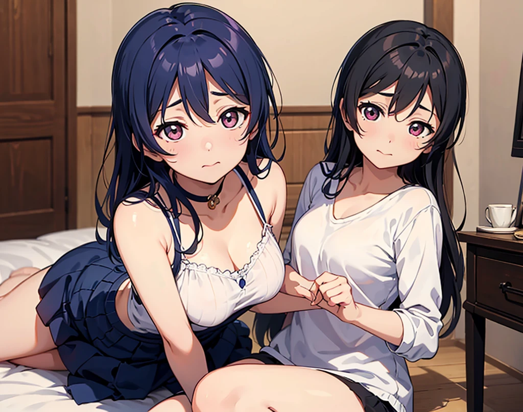 (masterpiece,best quality,extremely detailed:1.4),perfect anatomy,1girl,,(blue twintails,bangs,blue droopy eyes),tiara,cute face,(pink magical girl costume),(tiny,cleavage),
BREAK spread legs,(sit on bed,one knees up,white bra,white panties),