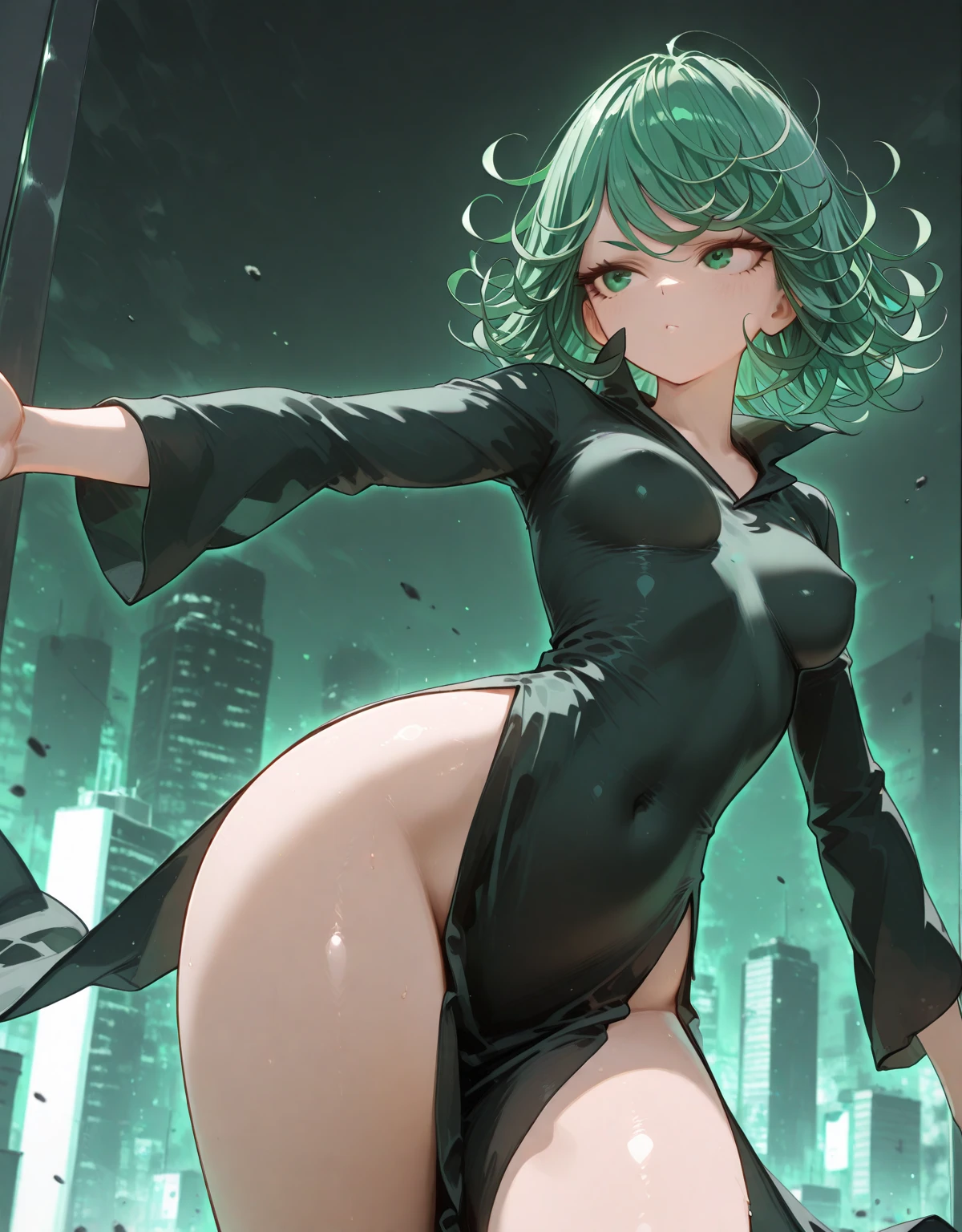 ((1girl)),((alone)), tatsumaki,(masterpiece), (best quality), (ultra detailed), (best illustration), (best shadow), (absurdities), sharp focus, cowboy shot, dynamic posture to the viewer, small breasts, narrow waist, wide hips, horrible thighs, round butt, naked, erotic, romantic, (very detailed eyes, lips 1.1), very detailed eyes, eyes, Very detailed face, Very beautiful face, height full, beautiful slim figure, femininity, expressive appearance, elastic small breasts, increased sexuality, green eyes, green hair, crossed arms,((underwear :1.4)),((black lingerie:1.3)),(( 1-piece lingerie :1.4)), ((bare waist:1.3)),((navel:1.2)), ((bare legs:1.3)), defined body, perfect and beautiful body, perfect and beautiful, mouth closed, serious expression, angry, (sexy pose: 1.2), ((only)), standing: 1.3, indoors, apartment, window, futuristic cityscape, rainy city, city lights, night, neon lights, looking forward ,(( focus on hips), point of view (from below), perfect anatomy, perfect hands,