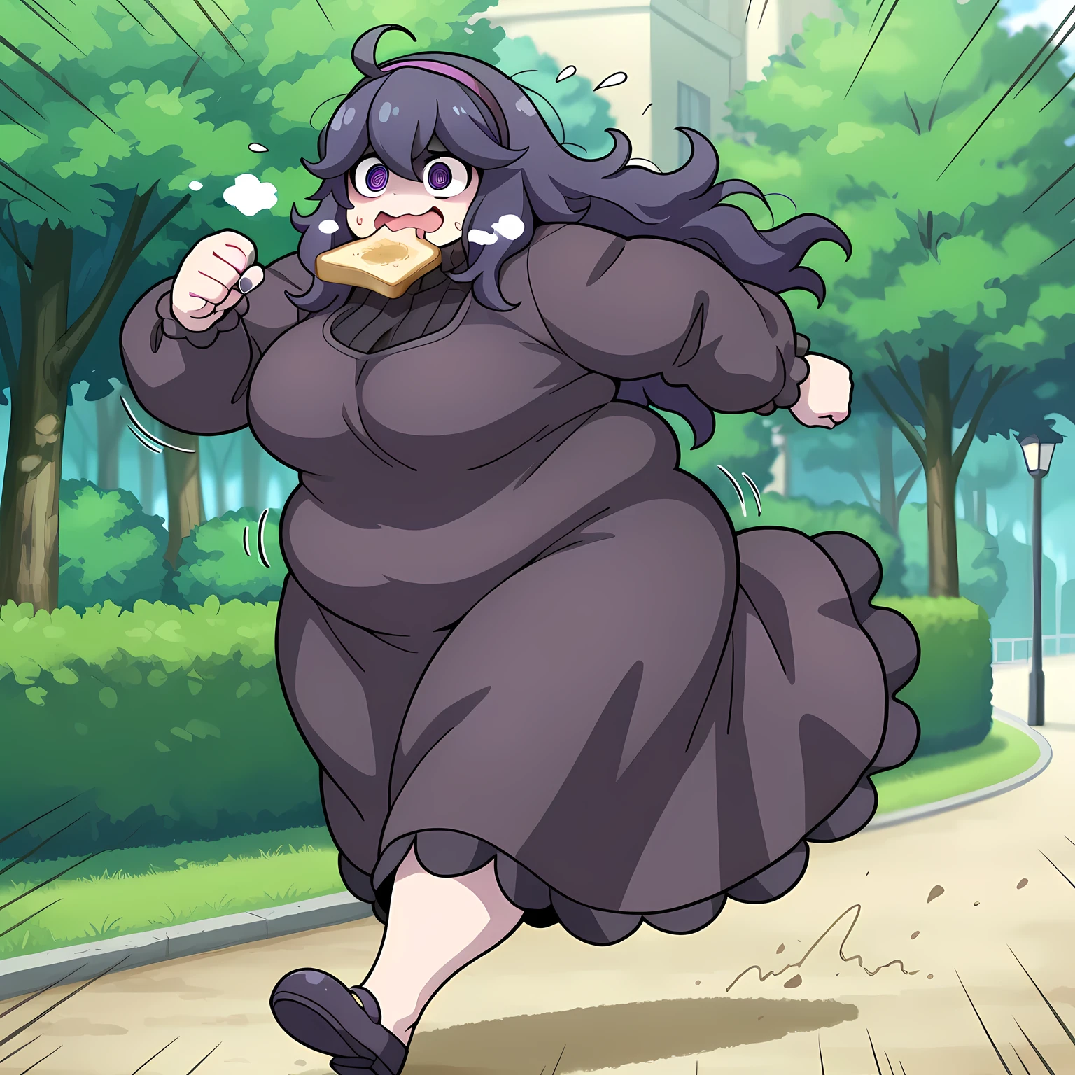 masterpiece, best quality, amazing quality,, hex maniac, hairband, messy hair, purple eyes, purple hair, purple hairband, @ @, mature female, breasts, anime screencap,, food in mouth running, food in mouth, running, bread, bread slice, food, toast in mouth, toast, sweatdrop, motion lines, motion blur, outdoors,, , ,fat, chubby, obese, gigantic arms and legs, large breasts open mouth, out of breath, from side
