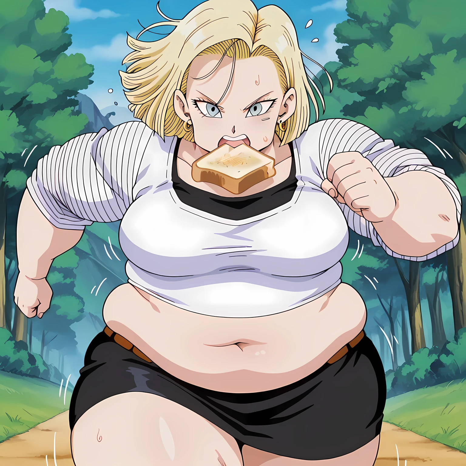 masterpiece, best quality, amazing quality,, android 18, blonde hair, blue eyes, eyelashes, hoop earrings, short hair, earrings, mature female, medium breasts, anime screencap, food in mouth running, food in mouth, running, bread, bread slice, food, toast in mouth, toast, sweatdrop, motion lines, motion blur, outdoors, cowboy shot, straight-on, , ,fat, chubby, obese, gigantic arms and legs, large breasts open mouth, out of breath