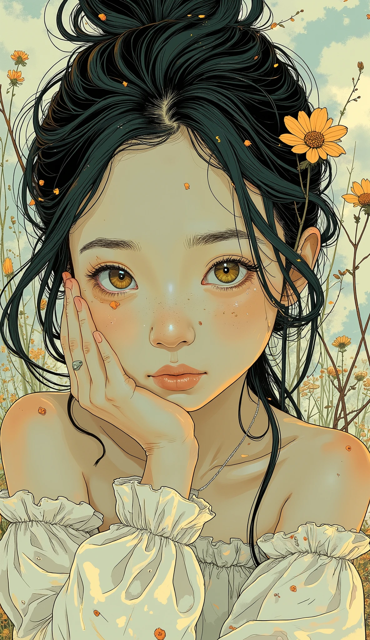 Super Detailed, High Quality, (Illustration of a girl putting her hand on her chin and looking worried), Poetic Atmosphere, delicate and accurate brushwork , neo-expressionism, soft medium hair, Lashes, off-shoulder blouse, Patterns where biological forms are intricately intertwined,
