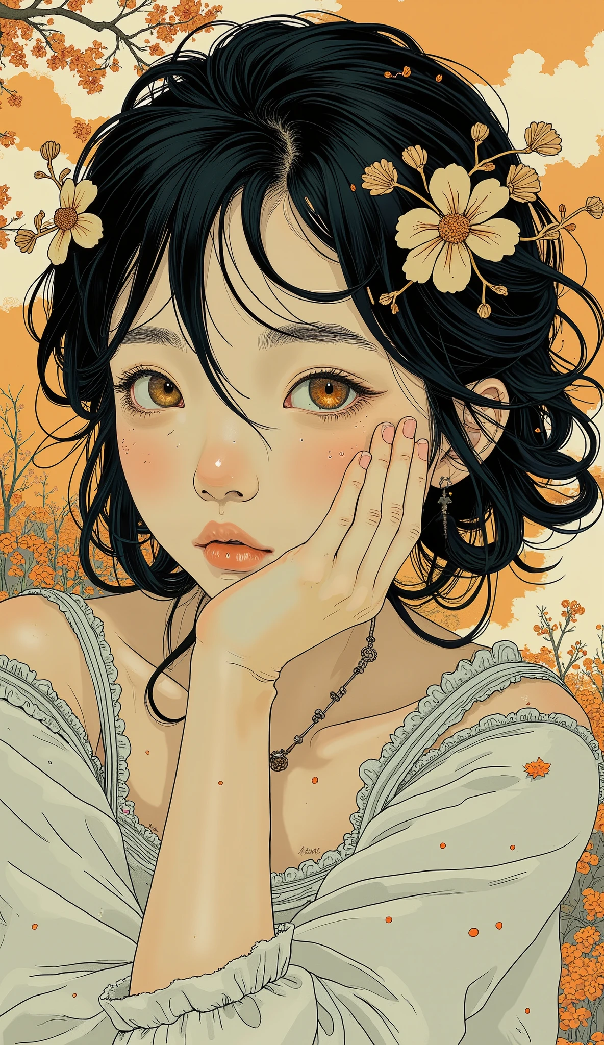 Super Detailed, High Quality, (Illustration of a girl putting her hand on her chin and looking worried), Poetic Atmosphere, delicate and accurate brushwork , neo-expressionism, soft medium hair, Lashes, off-shoulder blouse, Patterns where biological forms are intricately intertwined,