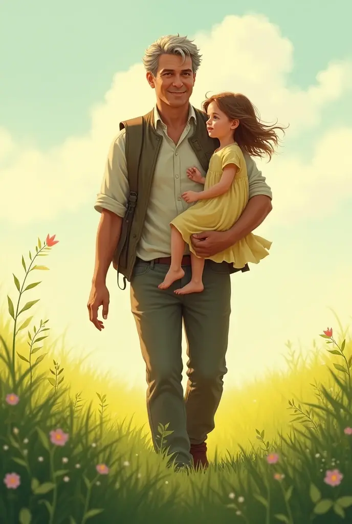 A man walking on grass with a girl child on his lap