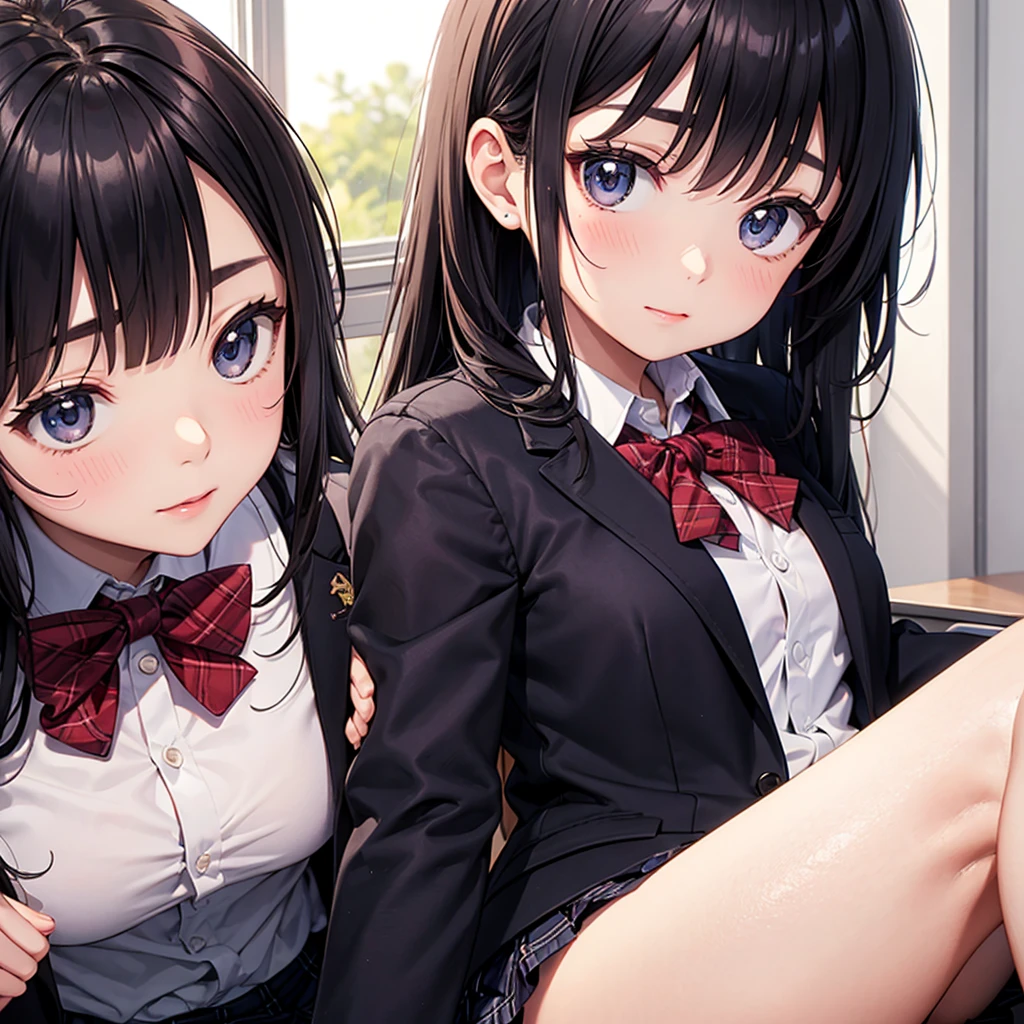 Best Quality,masutepiece,look down on, Upper body,Strands of hair,Farbe々Hair color,Classroom,tiny chest、red blush, Bow, Red bow, Long sleeves, Shirt, Collared shirt, Skirt, Pleated skirt, Black skirt, tiny chest、looking at the viewers, BREAK (masutepiece:1.2), Best Quality, High resolution, Unity 8k壁纸, (Illustration:0.8), (Beautiful detailed eyes:1.6), extra detailed face, Perfect Lighting, extremely details CG, (Perfect hands, Perfect Anatomy),A smile、(Skirt lift:1.3), (White panty:1.3)、(Skirt that rolls up:1.3)、(Fully exposed panties:1.5),(Multiple girls)