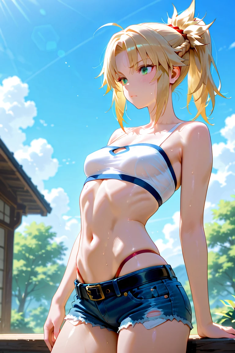 masterpiece, Highest quality, shape, City Street, One Girl, Mordred \(destiny\), Cowboy Shot, clavicle, Detailed blonde hair ponytail braid, Green Eyes, White short blouse, Denim shorts,belly button,Up to the thighs,Grin, Covered_Pussy,skin,Beautiful legs,Beautiful Hands,Please stretch your legs and rest.,
