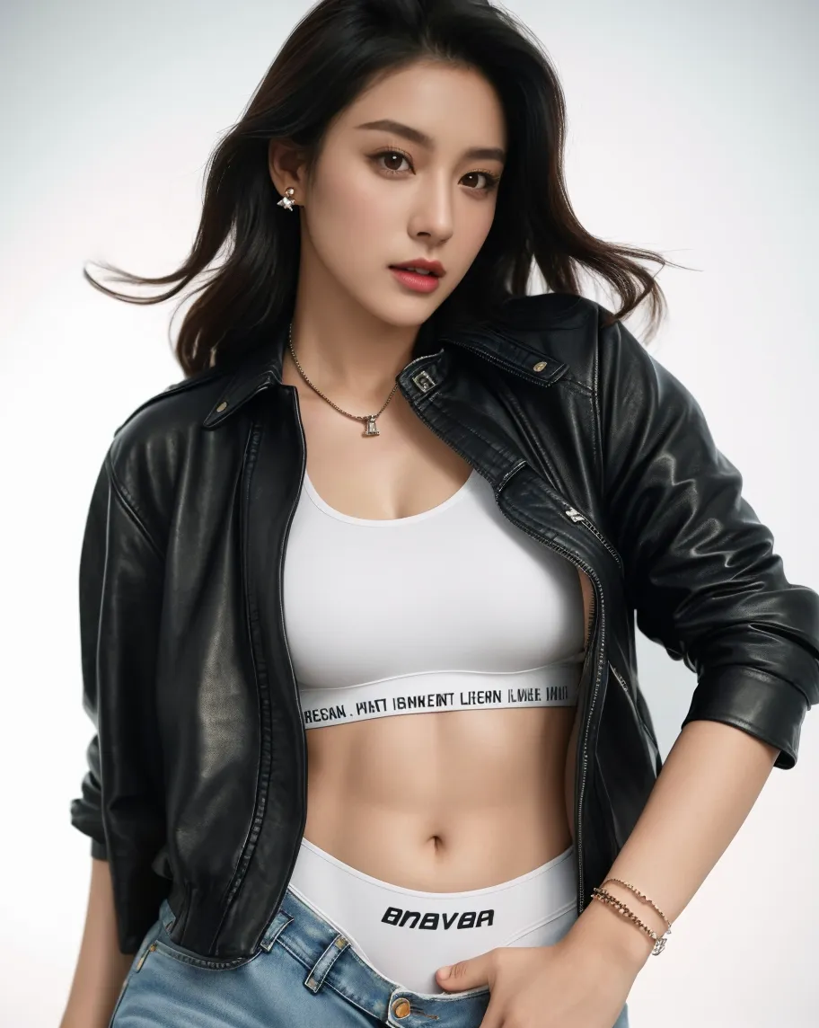 (8k、RAW Photos、top-quality、​masterpiece:1.2)、(realistic Photo-realsitic:1.37)、1girl in、japanese, 18-years old, face lights, Detailed face、Detailed lips, (wearing a black faux leather jacket over silver sports bra:1.5), (exposed right shoulder and armpit :1.5), seductive pose, opened jacket, long black hair,
