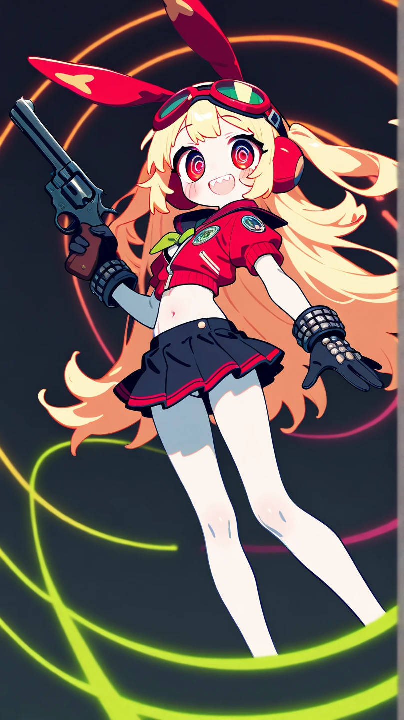 (Alone:1.2), 1girl\(cute, cute,(Turn Your Back From Viewers Wicked Smile),   holding a revolver handgun, Double teeth:1.3,  red short jackets \(Blonde:1),(long hair),(Bunhead:1.5), RED EYES,  (beautiful eyes are drawn in detail:1.4), spiral eyes , (big eyes),(chest:1.4),(white skin:1.3), (:1.6), (sailor suit),(Skirt with a large belt),( I can see my stomach:0.8),(Abs:0.8),( studded gloves :1.4), (Goggles:1.4), (Bunny Ears:1.6),(Bunny Ears:1.6),(dynamic pose:1.4)\)),(bang:1.2)\), BREAK .Background\(cyberspace, from behind , black and green line\), Pop Art, pastel colors that bring your face closer, (Graffiti Art:0.5), 8K Wallpaper