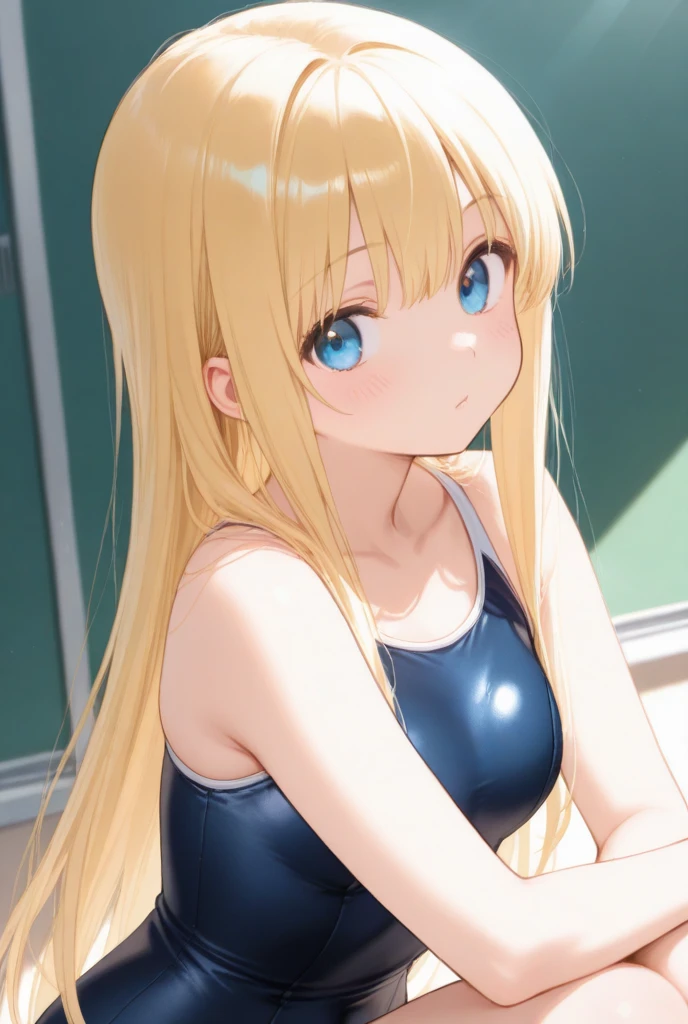 masterpiece, best quality, highly detailed, ultra high res, ayase arisa, 1girl, solo, perfect body, hair ornament, blonde hair, long hair, glossy lips, swimsuit, school, standing, medium breasts, (looking back at viewer)