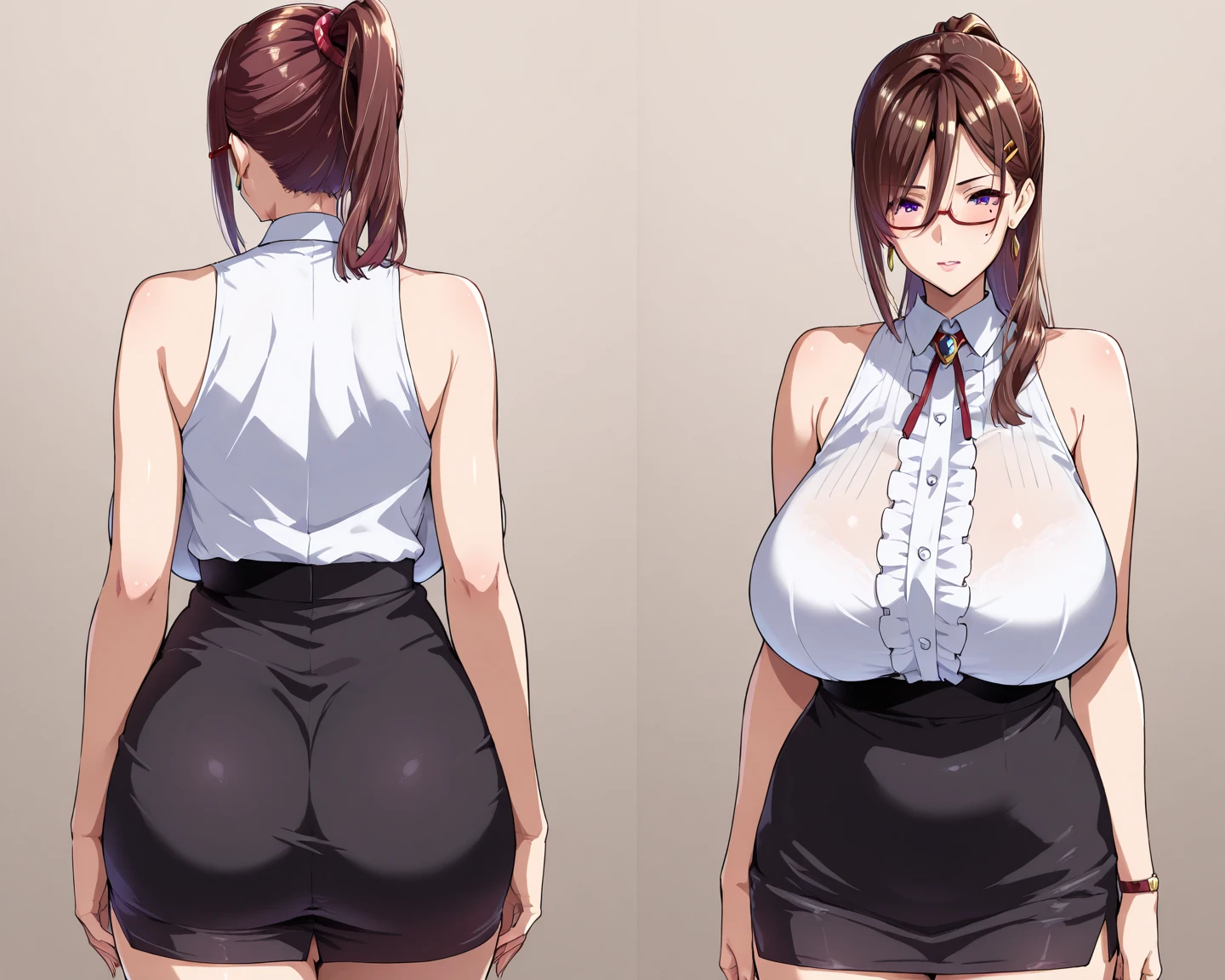 Gigantic breast, gigantic ass, mini skirt,  under , glasses, bob hair
