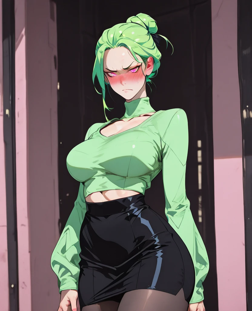 (solo:1.1),(masterpiece), (best quality:1.3), highly detailed, intricate, professional art, digital art, absurdres, confidant, emerald sustrai, futanari emerald sustrai wearing a crop top with arm gloves and pants confidently in a club,(Black see through top:1.4), (pants:1.6), 1girl, solo, (dark skin:1.5), green hair, bob hair, gold hoop earrings, gold jewellery, ab lines,(gold navel piercing:1.1), detailed stomach, red eye colour, dark skin, average breasts, (aroused:1.2), (futanari:1.1), (wide hips:1.4), (makeup 1:1), beestung lips, (black lipstick:1.3), large penis, panty straps riding hips, (large crotch bulge:1.4), crotch bulge, large testicles , furniture, fontal view, universal lighting

