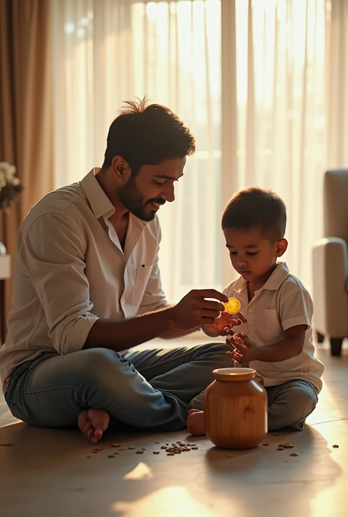 hyper realistic South Indian Father and mother sitting in the fool and their little ??? sit in father's thighs and father write litters in grains ina plate with ??? finger --auto --s2