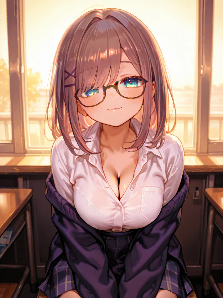 tmasterpiece, Best quality at best, ultra - detailed, hyper realisitc, photore),delicate patterns, detailedbackground, completely uncensored, cow boy shot,  japanaese girl, ‎Classroom,
校服, Loose collar, a skirt, Look at the glasses,
hair between eye, Pink haired girl holding up index finger，one hand on hips,  Cheeks puffed up with anger,
from the above, Leaning forward,