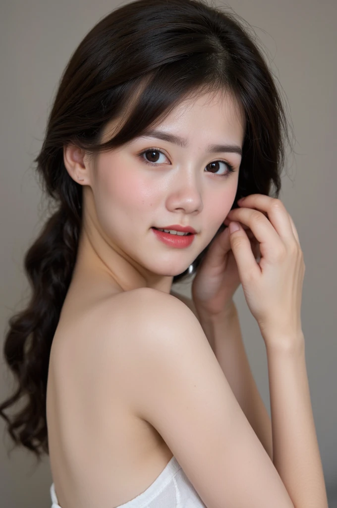 ((highest quality、8K resolution、master masterpiece、professional photography)), Photoreal, (A very young 10 year old beautiful girl:1.35)、upper body photo、(Nude photos from the chest up:1.53)、(pure white background:1.1)、(Ad image:1.1)、stand gracefully、clavicle、(long straight hair:1.1)、(look at me悲しい微笑み:1.1)、(look at me:1.1)、perfect makeupアップ、Dark red lipstick、perfect makeup、eye shadow、long eyelashes、(Super high resolution glossy white skin:1.1)、feelings of love