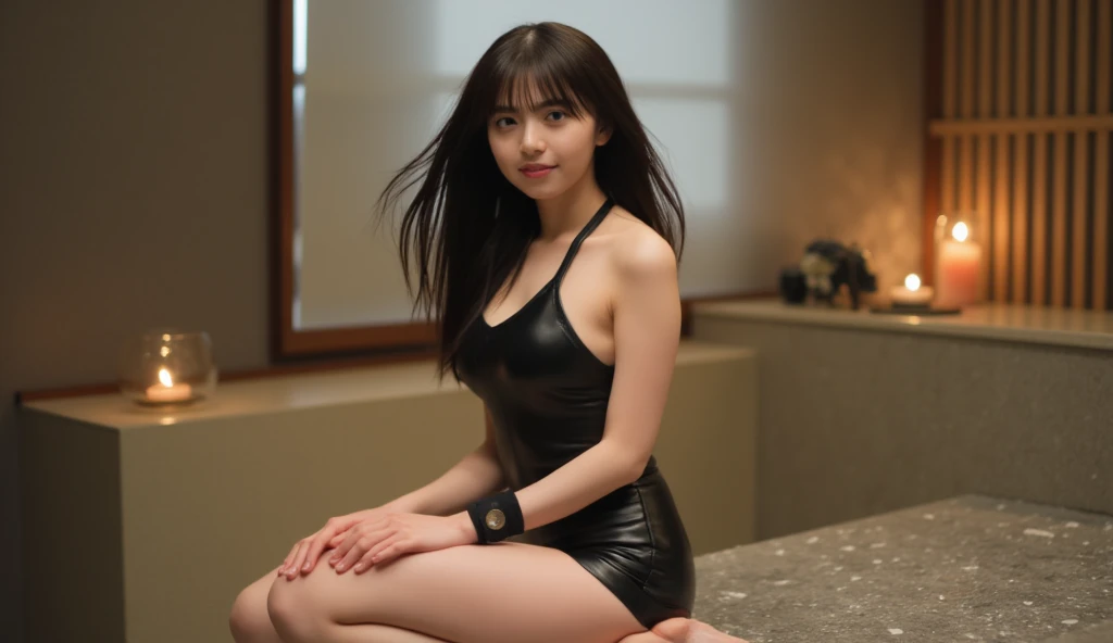 Woman with toned upper body, large, muscular legs, crouching, Face restrained near crotch