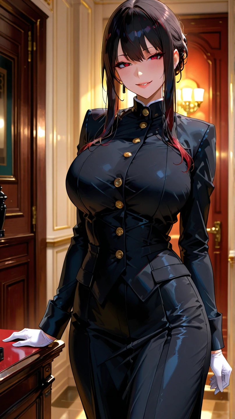 professional artwork, Intricate Details, field of view, sharp focus, detailed painting, photorealistic lighting, trending on pixiv, Standing at attention, black outfit ,yellow collared shirt,black and red bodysuit,skin_tight,black legwear, black pantyhose, Side_boob, black hair,very long hair, Bangs,yellow eyes,makeup, lipstick, 20yo,mature female,Beautiful Finger,Beautiful long legs,Beautiful body,Beautiful Nose,Beautiful character design, perfect eyes, perfect face, looking at viewer,official art,extremely detailed CG unreal engine 8k wallpaper, perfect lighting,Colorful, Bright_Front_face_Lighting, (masterpiece:1.0),(best_quality:1.0), ultra high res,4K,ultra-detailed, photography, 8K, HDR, highres, absurdres:1.2, Kodak portra 400, film grain, blurry background, (Beautiful,large_Breasts:1.4), (beautiful_face:1.5),(narrow_waist), (solo:1.4), ((landscape dimension)), rich detailed makeup, rich detailed eyeshadow, rich detailed lips, rich detailed lipstick, beautiful detail eyes