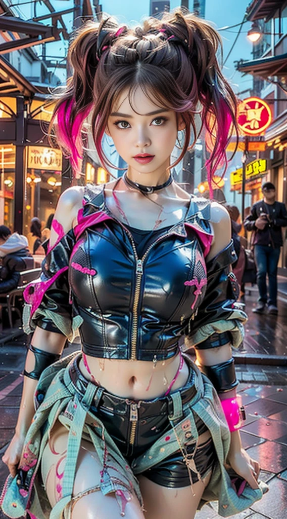 best qualtiy, tmasterpiece, Ultra-high resolution, (fidelity: 1.9), RAW photogr, 1girll, exposed bare shoulders, closeup cleavage, Asians, exteriors, light, By bangs, tightsuit, Giant breasts, Cover the navel, Cropped jacket, mitts, earphone, Tights, jaket,big cleavage breasts, long whitr hair, longer sleeves, mediuml breasts, parted lip, Pink tights, Pink eyes, Pink hair, Fluffy sleeves, red blous, shrugged shoulders\(The clothes ar\), skin tight, solo,Double tail,alice\(Japanese post),(tmasterpiece:1.4),(best qualtiy:1.4),(shiny skins),Peach buttocks,Slim figure,Indifferent expression,
