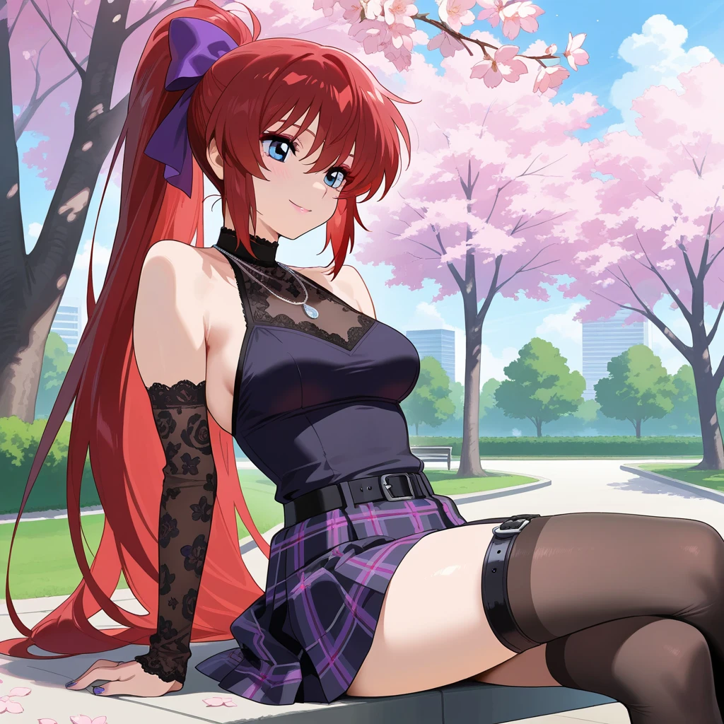 masterpiece, best quality, ultra-detailed, glistening shiny, glowing light, ray tracing, HDR, deph of field, (perfect face, detailed face), <lora:KayaBlanche:0.6>, kayablanche, purple eyes, low-tied long hair, ponytail, sweater dress, bare legs, bare arms, sideboob, crossed legs, sitting on bench, outdoors