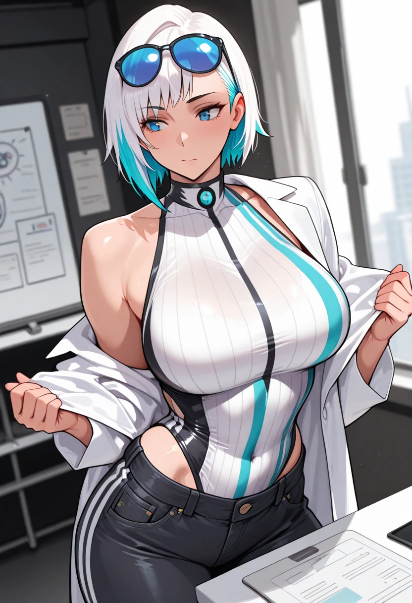 cyberpunk,arms up,asymmetrical hair,belt,bodysuit,covered navel,short hair,white hair,short shorts,shorts,open jacket,(large breasts:1.5),(shiny hair),((solo)),((masterpiece)),((best quality)),perfect anatomy,slim waist,perfect image,8k UHD,(beautiful detailed eyes:1.5),extremely detailed face,standing,(upper body:1.2),(look at the front:1.5),arms behindback,ultra-detailed,absurdres,highres,indoor arena,((sensitive smile)),mature female,erotic lips,