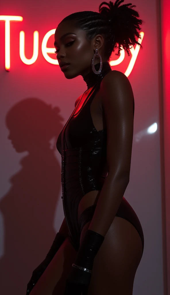 Silhouette of an Easter bunny, female silhouette with short hair, sensuality, full body dancing, chimera half rabbit and half woman, bunny ears, giant bunny feet, bunny tail, reddish light in the black background, hyper-realistic, perfect hands, fantasy, Christian and capitalist mythology
