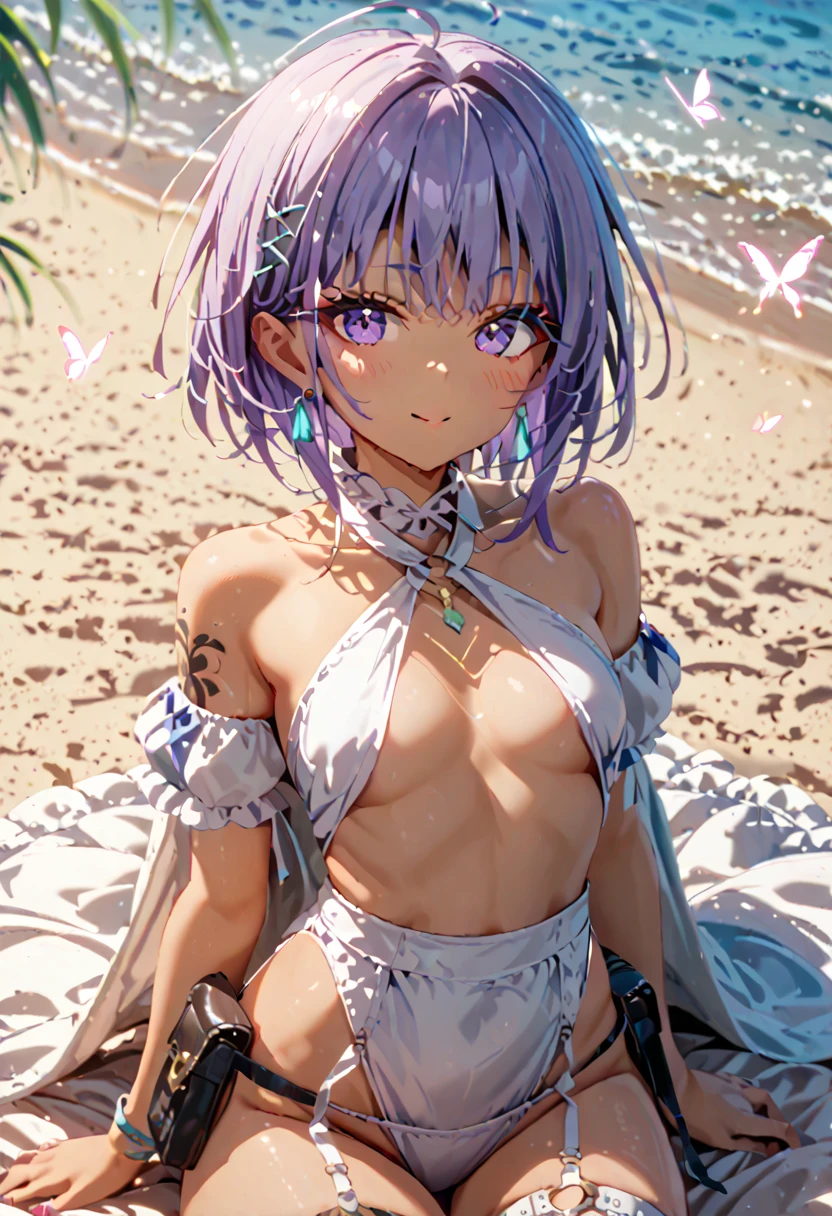 Naked, smoll stature, purple eyes, purple hair, short hair, beach