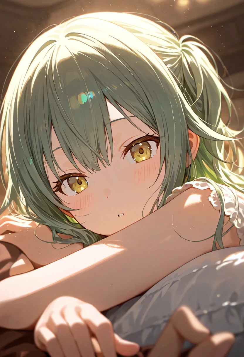 (Lie down and rest style), (solo:2, 15 yo, sweaty skin, Look sick face), (beautiful detailed green hair, long hair girl, agony half-closed yellow eyes, glossy lip, medium tits), in A simple negligee, lie down on bed, break, in the cute bedroom, background beautiful summer sky, BREAK, perfect anatomy, masterpiece, best quality, daydreaming expression.