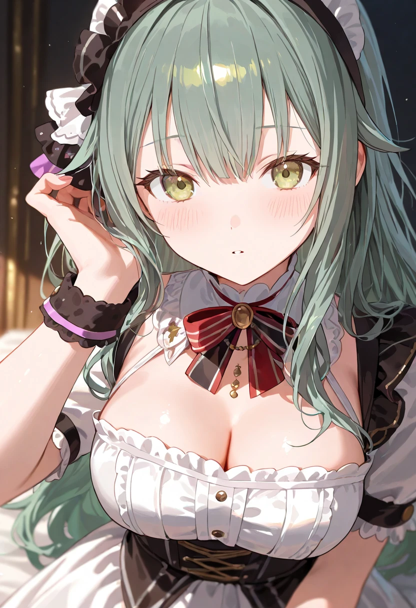 (best quality,highres,ultra-detailed,realistic:1.2),1girl, fullbody, thoughtful dark green eyes,angled lips,long green hair, wears light dress ,garish eyeliner,purple blush,complimentary eyeshadow, stars background