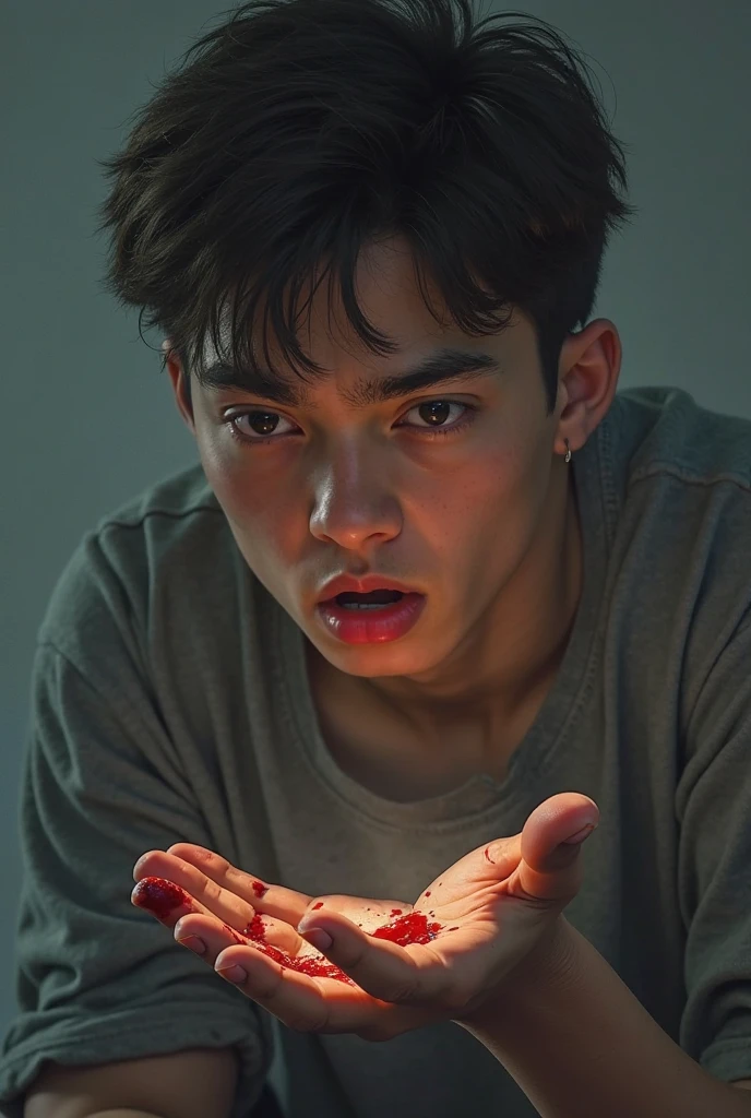 "The image should appear as a 3D realistic scene. A boy around 18 years old is cutting his hand, and blood is dripping from the wound. He is crying, looking at the blood, with tears falling from his eyes. In the background, the name 'Saimun' should be written."