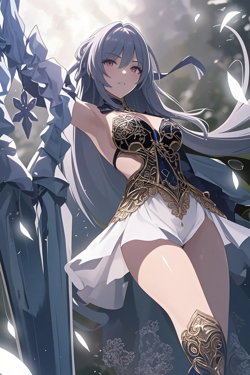 (masterpiece)、(highest quality)、((Super detailed))、(super delicate)、Ero cute、pastel colored hair、beautiful breasts、beautiful thighs、Gorgeous、fantastic sky、Gold, silver, and pale dress、look up from below