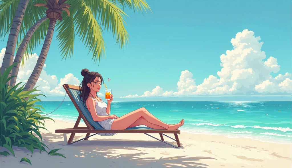 There is a woman sitting on a towel sipping a coconut drink, In the style of digital illustration, stylized digital illustration, Just a joke, Great illustrations, Lo-fi Girl, Chill Hop, Relaxing concept art, Beautiful digital illustrations, Relax on the beach, Beautiful digital art, Illustration Style, Beautiful artwork illustration, Exquisite digital illustrations, Detailed digital illustration, Lofi Art