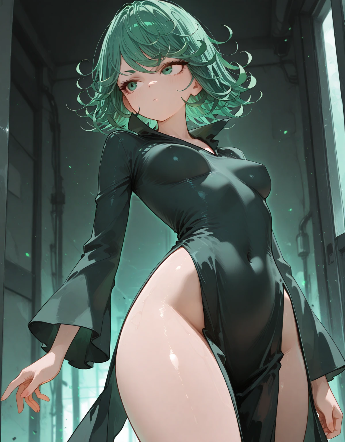 masterpiece, best quality, 1boy, (tatsumaki), short hair, green hair, green eyes, black clothes slip, standing, aura power, night, natural light,standing, green hair, female focus, big ass, movie composition, deth of field, bokeh, (futuristic), (full body),