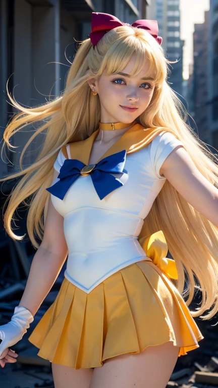 masterpiece, Highest quality, High resolution, Venus 1, One girl, alone, Sailor Warrior Uniform, Sailor Venus, aino minako, Blonde, Magical girl, blue eyes, Orange Skirt, Elbow hand pockets, tiara, Pleated skirt, Hair Ribbon, Orange sailor collar, mini skirt, choker, Red Bow, orange choker, White gloves, Very long hair,  jewelry,  Earrings, Cowboy Shot, smile,,More detailed 8K.Unreal Engine:1.4,超High resolution,La Highest quality:1.4, Realistic:1.4, Skin Texture:1.4, masterpiece:1.8,first work, Highest quality,Object Object], (Detailed facial features:1.3),(Fine hand:1.4),(Apocalyptic destroyed cityscape:1.4), (Sailor Venus:1.4)