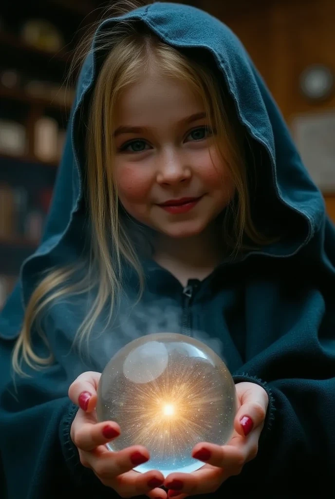 a close-up of a blonde child with long hair, BIG BALL OF electrified ICE IN HANDS. Smoke green.