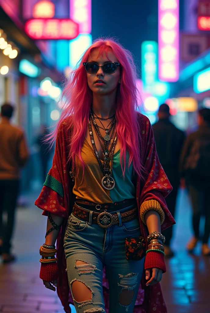 tarot card, trading card style,  1girl, voluptuous woman in a long tshirt, extremely detailed beauty, punk makeup, tokyo sunset,wild hair colors, trending on arstation, synthwave, city punk, vivid colors, rim lighting, octane render, vapodusk1