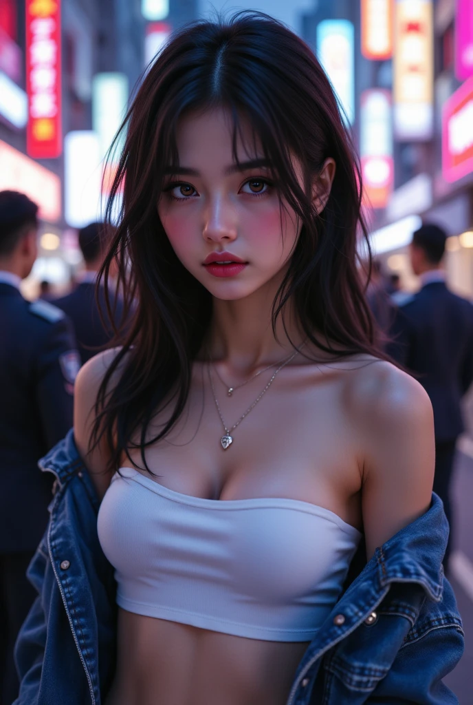   Beautiful girl , slim fit body ,  black hair,   tank top, rose pink lips , black eyes, blushed cheeks, big breasts 