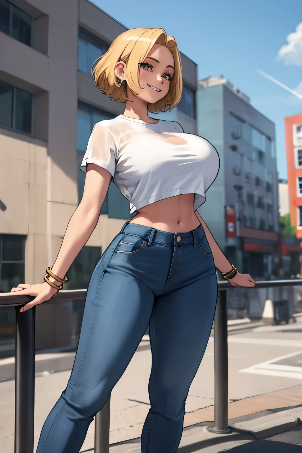 Blond hair , short, blue jeans, big ass, thick thighs, facing camera, peeing, wetting herself, peeing her pants, dripping, holding tits, orgasm face