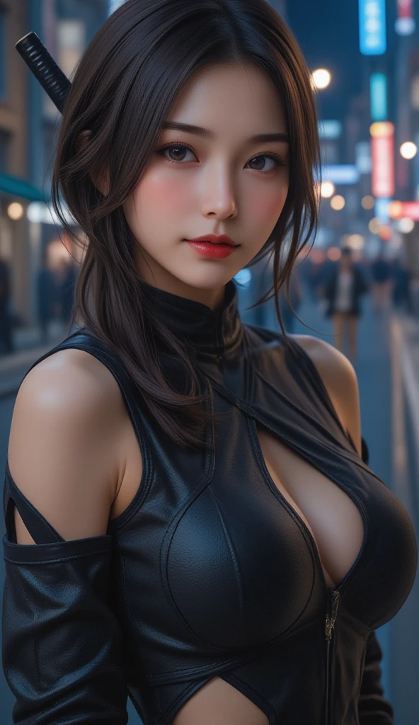 ((Highest quality, 8K, masterpiece :1.3)), (Sharp focus :1.2, Beautiful woman with perfect figure :1.4, Slim Abs :1.2), ((Big Breasts, Emphasize cleavage, The underboob is visible:1.3)), (Photorealistic:1.4), (realistic:1.4), (Ponytail Hair, Light brown hair:1.5), Highly detailed face and skin texture, Fine grain, double eyelid. Makeup face, A little bit of lipstick, sex appeal, Sexy gravure pose, ((Black leather bra top and ultra-mini skirt、A sexy pose with her chest highlighted against the backdrop of the neon lights of the city。A provocative gaze as she traces her lips with the tip of her tongue。:1.3))