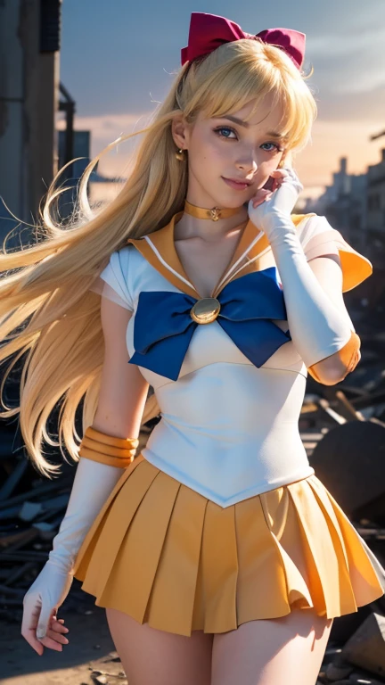 masterpiece, Highest quality, High resolution, Venus 1, One girl, alone, Sailor Warrior Uniform, Sailor Venus, aino minako, Blonde, Magical girl, blue eyes, Orange Skirt, Elbow hand pockets, tiara, Pleated skirt, Hair Ribbon, Orange sailor collar, mini skirt, choker, Red Bow, orange choker, White gloves, Very long hair,  jewelry,  Earrings, Cowboy Shot, smile,,More detailed 8K.Unreal Engine:1.4,超High resolution,La Highest quality:1.4, Realistic:1.4, Skin Texture:1.4, masterpiece:1.8,first work, Highest quality,Object Object], (Detailed facial features:1.3),(Fine hand:1.4),(Apocalyptic destroyed cityscape:1.4), (Sailor Venus:1.4)