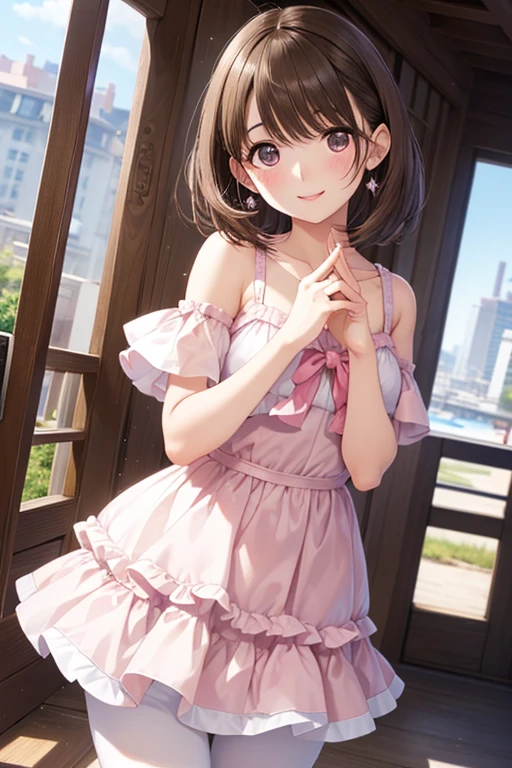 1 Girl, ((On the table)),((best quality)),Extremely detailed,Implications,clearly,beautiful body,beautiful nose,beautiful character design,Perfect eyes,Perfect face,wallpaper,Ultra-high resolution, 4k,photography,((beautiful, Big guy)),(beautiful face:1.2),beautiful legs, Sakuma Mayu, shiny skin,Anime Screenshots,Official style, 1 Girl, Solitary, Arrogant smile, sunny,daytime, looking at the audience, View, delicate eyes, Complex hairstyle、Drooping eyes、(Pink princess dress), Keep your eyes open, crazy smile, Empty eyes, View cowgirl, Sweat, 飞扬的Sweat珠, Cross your hands behind you, I&#39;I看著你, View, (30 years old), in the living room, Natural breasts, , Mature woman, exposed, Expose yourself, (posture), (exposed nipples),  (Exposed breasts), (reveal) (((Large Breasts、Breast sagging、Low-cut，Cleavage，Wide hips,))((Hourglass figure))