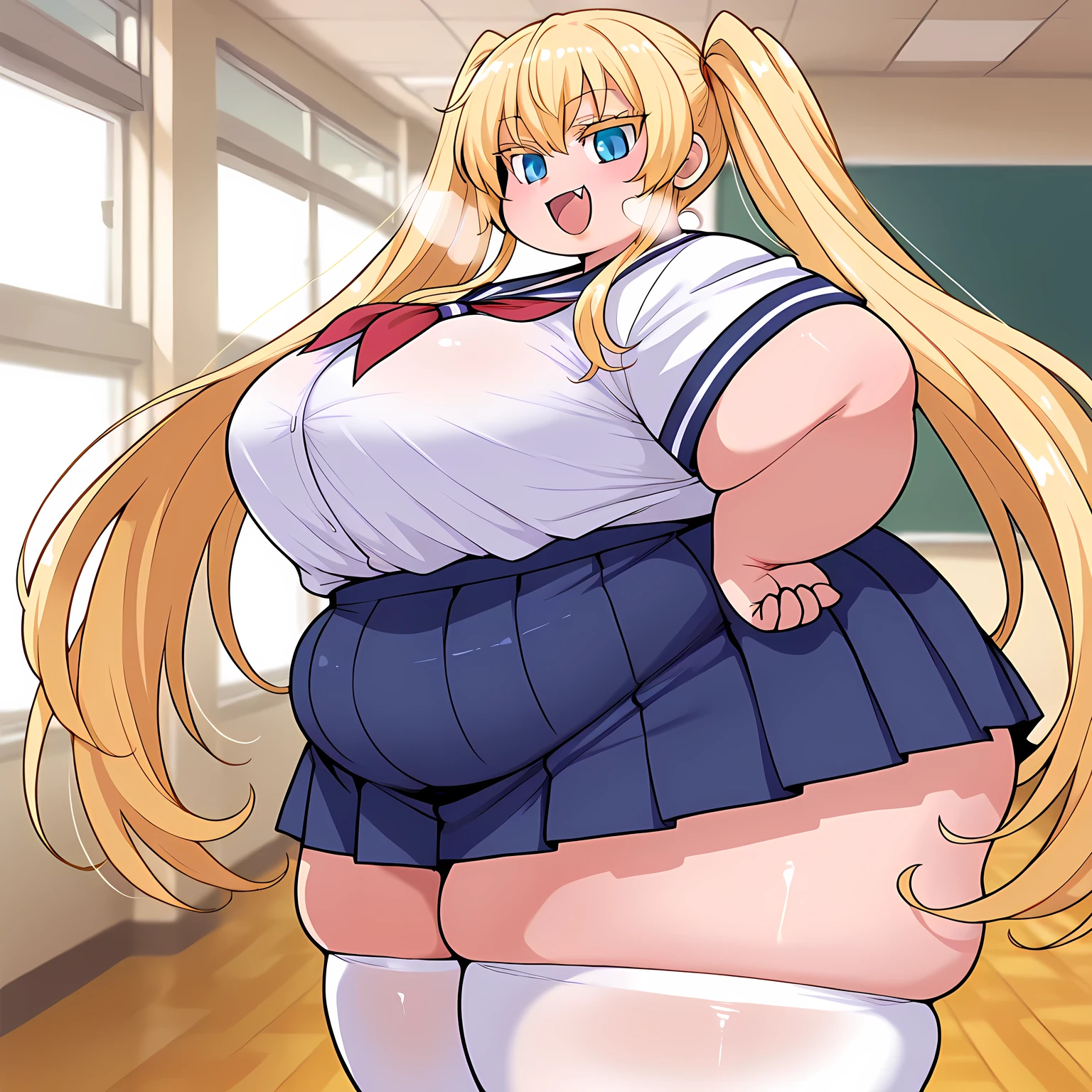 One Woman,Precise five fingers、Two long, accurate legs、Long Hair、ニーKnee-high socks、Wide Hips、plump and thick thighs、Huge Ass、Huge breasts, Embarrassed look、Full Body Shot、Sexy pose、panties、White background、 Oily, shiny skin,woman、High school girl with long, straight blonde hair、Show your belly button、horts with skirt pulled up、Knee-high socks、Grinning