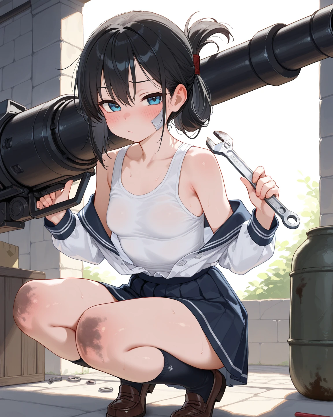 Correct human body structure,perfect,Black ponytail,((young cute girl)),Full body pictures,Rope bondage,Put your hands behind your back,alarmed,blush,wet clothes,white T-shirt,black short skirt,bare legs bare feet