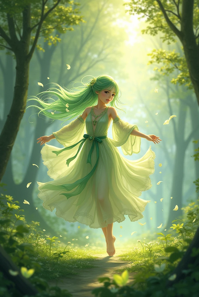 A girl with jewel eyes, in the emerald green forest, misty, graceful green hair, exquisite hair accessories, full of vitality, delicate long skirt dotted with flowers, embroidered with streamers.