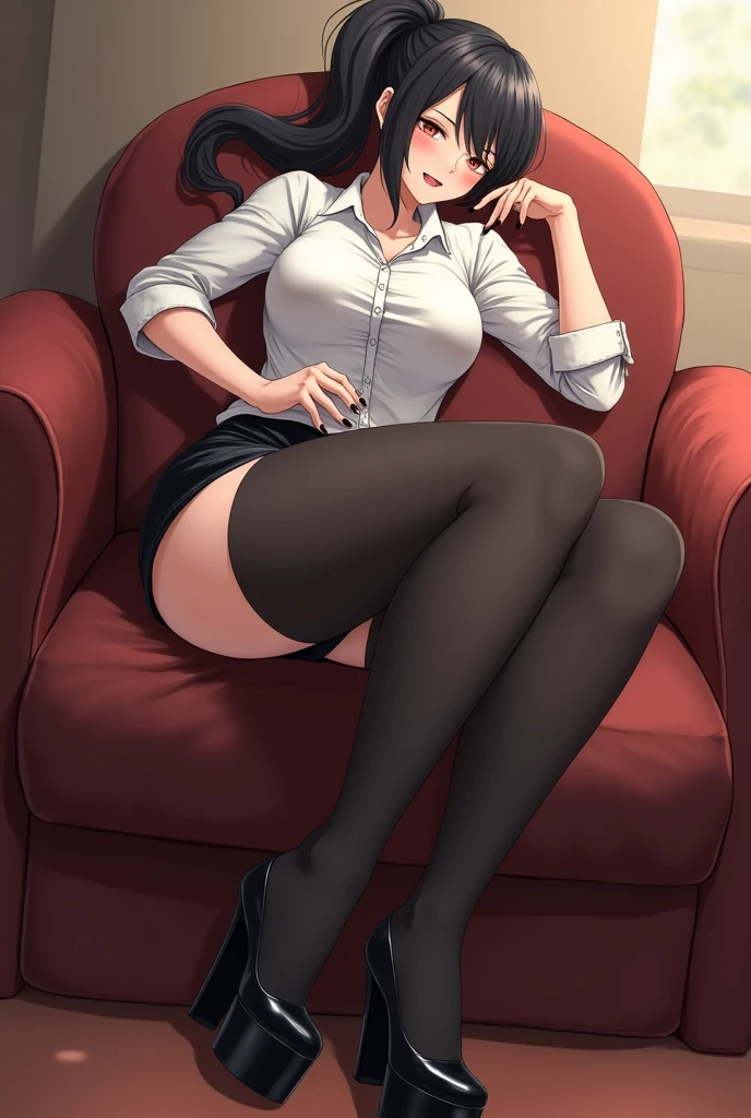masterpiece,(Perfect Anatomy:1.5), highest quality, a lady , slender, leggy, Seductive, short hair, brown hair, (wear a white long sleeved shirt, tie:1.5), white bikini panties , Perfect hands, Perfect body, reclining, lying on a sofa, leg up , shirt lift, (barefoot), looking away, ((Exquisite detail)), Very finely crafted fingers(((10 fingers))), (((two legs))), (full body showcase), (Show your whole body), (no background), (No logo) , high resolution, parted lips, pov, jacket