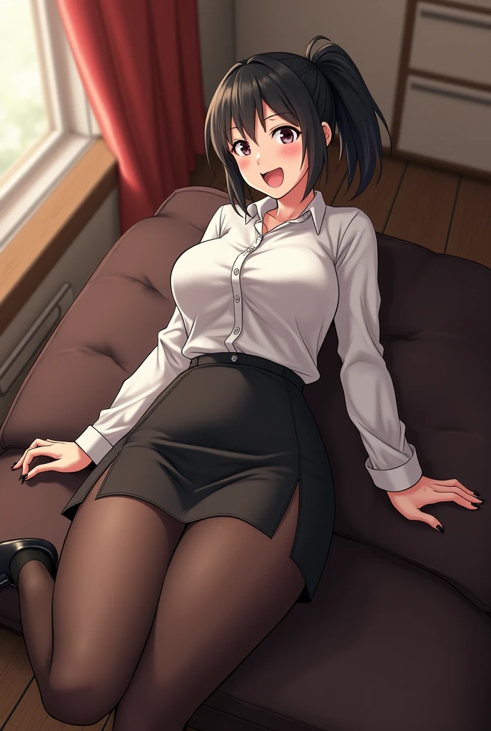Kayama Nemuri, business suit, big breasts, grey skirt, black stockings, Red shoes, bedroom