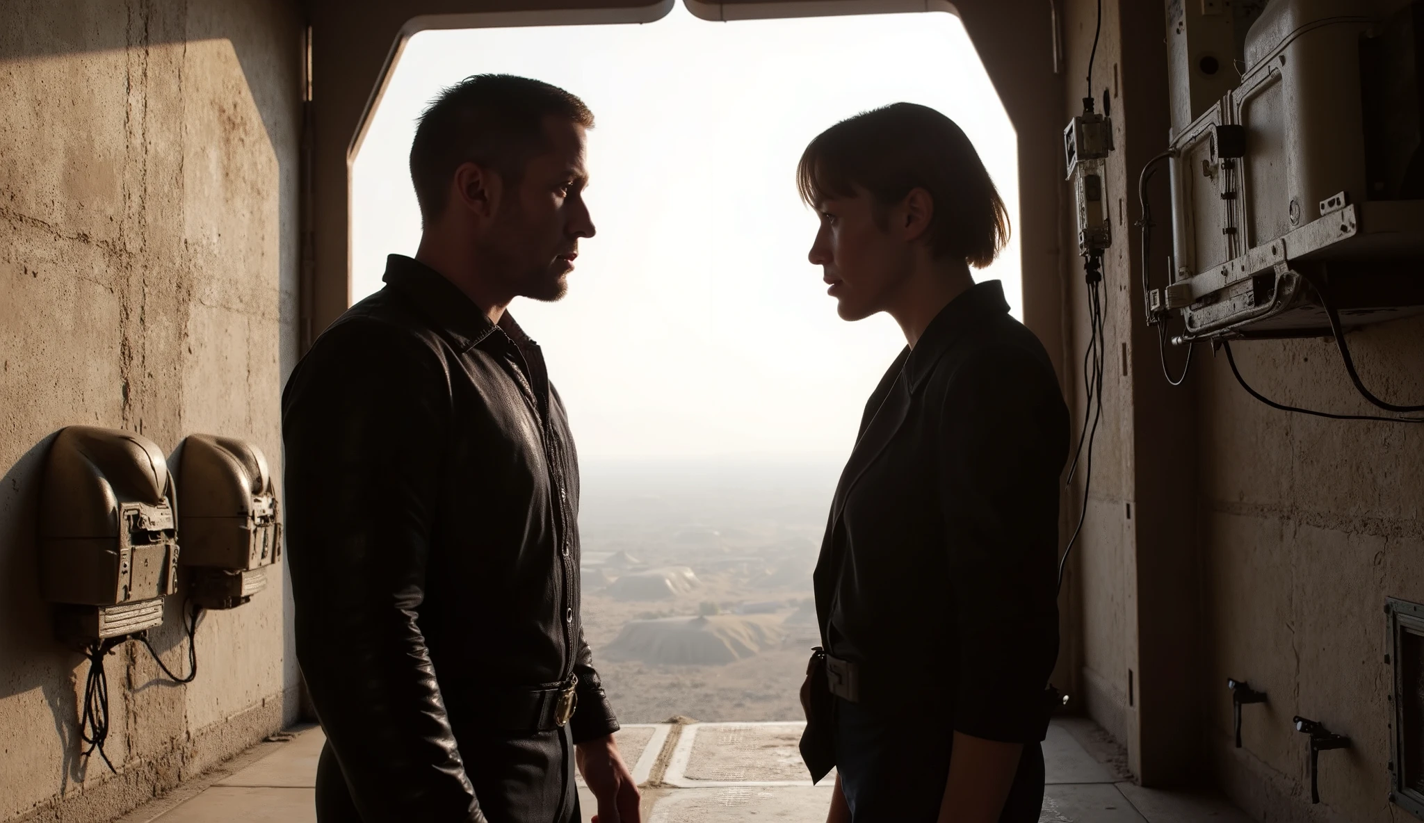 star wars, Tense standoff between ryan_gosling and Mia Goth on a crumbling platform.